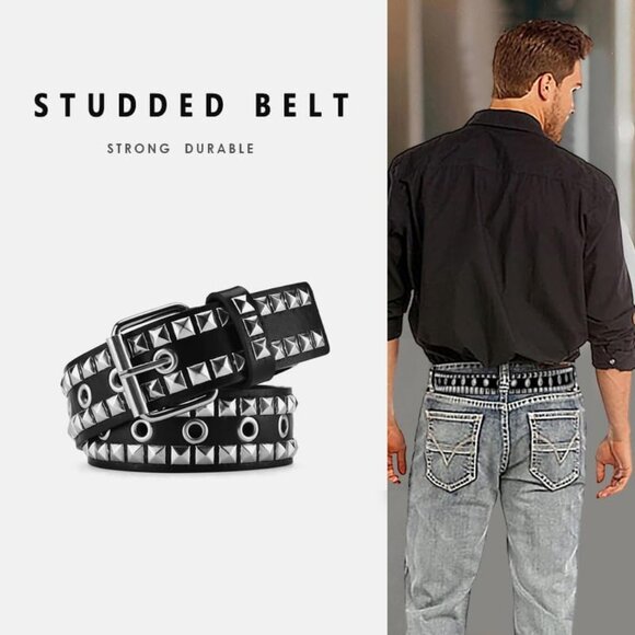 Women's 3 - Black Metal Punk Rock Rivet Belt With Bright Pyramid Studded - Picture 3 of 8